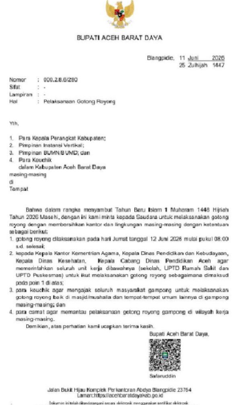 Sambut Tahun Baru Islam 1448 H, Bupati Abdya Instruksikan Gotong Royong Serentak